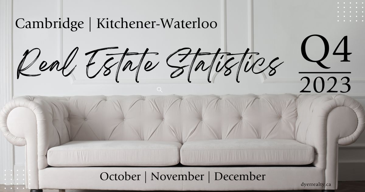 Header image for 2023 4th quarter real estate statistics for Cambridge and Kitchener-Waterloo. The image includes text indicating what the blog post is about as well as a white sofa, white flooring and white wall.