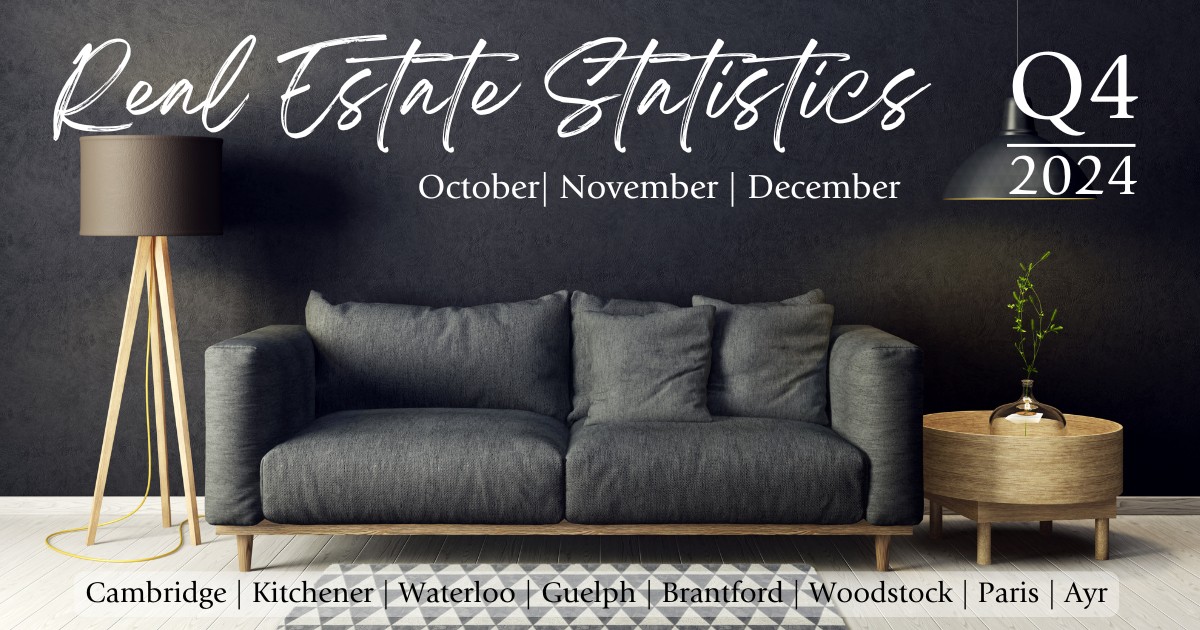 Image with a grey sofa and white. Q4-Real Estate Statistics for October | November | December 2024, for the areas of: Cambridge, Kitchener, Waterloo, Guelph, Brantford, Woodstock, Paris and Ayr